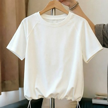 韓版素色上衣 小衫 打底衫 T恤衫 短袖衫 韓版純色上衣正肩圓領設計抽繩短袖上衣收腰小衫顯瘦百搭打底衫潮 女裝