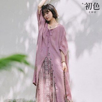 初色 棉麻風復古圓領綁帶排釦七分袖中長款下擺開衫襯衫女上衣-粉色-52031(M-2XL可選)