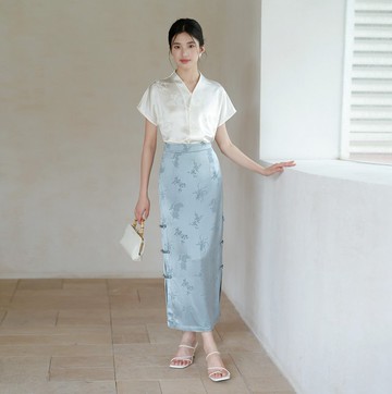 【月白】新中式復古中國風 醋酸緞面襯衫/半裙