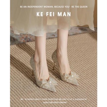 【珂菲曼】珍珠蝴蝶結兩穿高跟鞋女尖頭細跟婚紗新娘鞋香檳色婚鞋