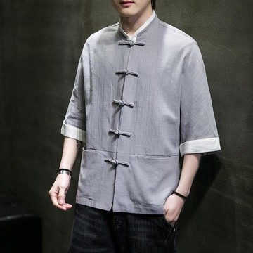 大A 男 民族風立領盤扣印花寬鬆大尺碼 短袖中國風復古唐裝休閒碼 男生