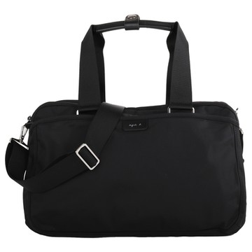 agnes b.草寫皮標前拉鍊尼龍手提/斜背包(黑)