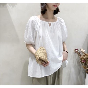 夏季套頭方領小衫上衣短袖肌理感純棉V領寬松顯瘦襯衣白色襯衫女