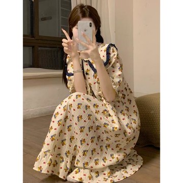 小熊睡裙女夏季甜美娃娃領短袖中長款睡衣網紅學生夏天寬松家居服