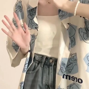 【T-2】🖤鹽類ins風小熊寬鬆短袖襯衫夏季日系設計感小眾oversize學生上衣