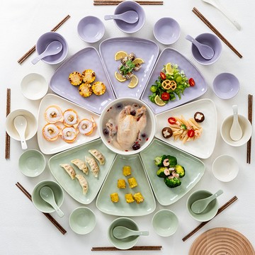 【小慕KOGURE】陶瓷團圓拼盤 年夜飯圓桌大拼盤 菜盤 餐具套裝 碗盤碟子 奶油純色家用餐盤組