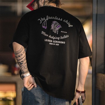 馬登工裝美式復古印第安植鞣印花t恤寬鬆重磅竹節純棉短袖Tee男夏