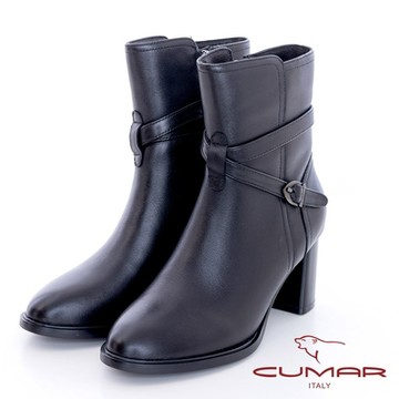【CUMAR】交叉皮帶扣環粗跟短靴-黑色