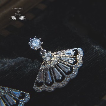 通體925純銀鋯石鏤空扇形耳釘女法式復古輕奢扇子耳飾