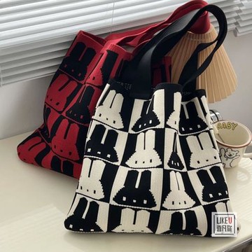 原創設計針織兔子加厚單肩手提包毛線編織通勤大容量托特包寶媽包