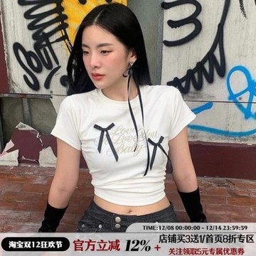 IAEY東南亞小眾辣妹蝴蝶結印花圓領棉質T恤女修身百搭Y2K短袖上衣