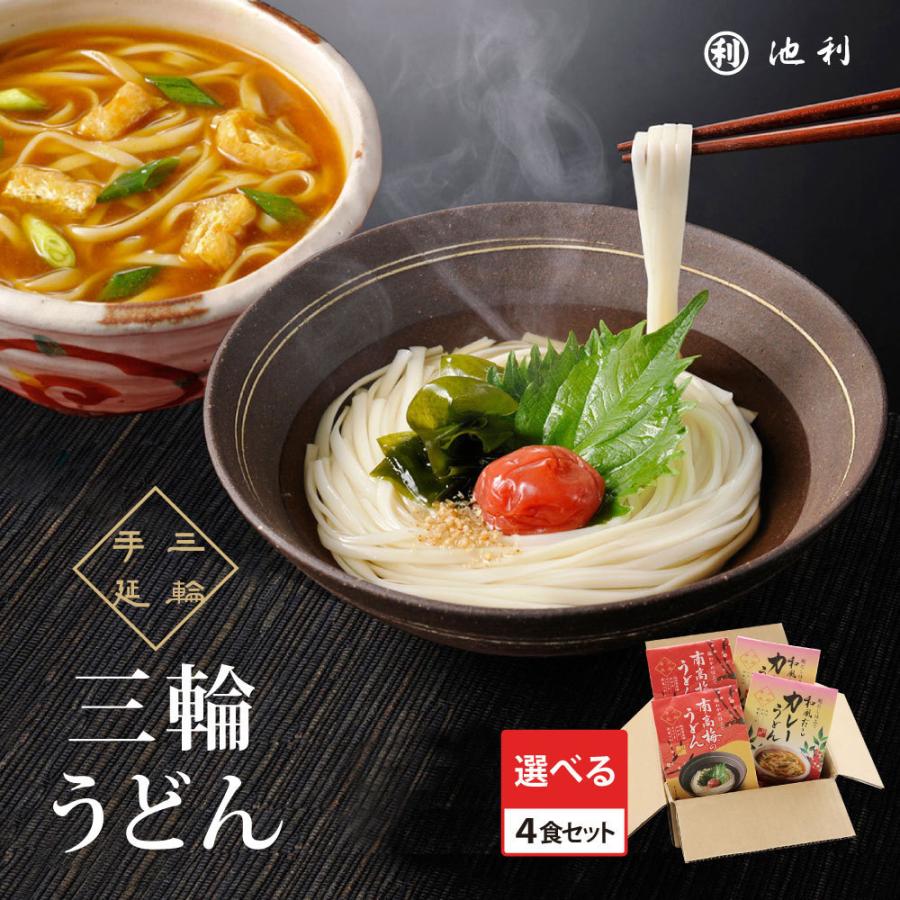 うどん 選べる三輪うどん 4食 取り寄せ お試し 和風だしカレー 南高梅 鯛 そぼろ肉 とろろ昆布  個包装 季節限定