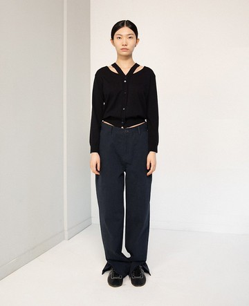 肩鏤空針織開襟衫/ 深藍