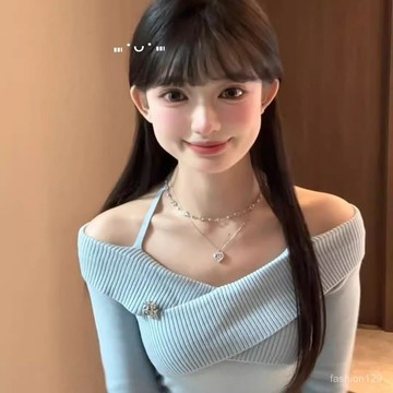 💛限時下殺💛韓係藍色一字肩掛脖針織衫女秋季設計感小衆交叉修身顯瘦短款上衣
