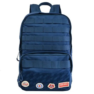 KENZO 5SA203 簡約徽章LOGO拉鍊休閒雙肩後背包.深藍