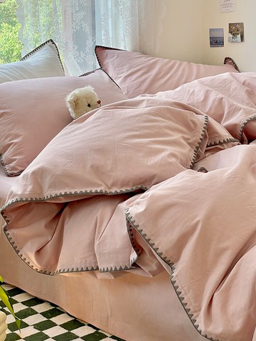 ins簡約北歐風純棉水洗棉四件套裸睡被套床單100全棉床上用品床笠