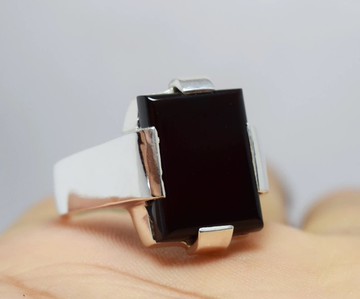 黑紅葉門瑪瑙戒指 葉門哈奇克瑪瑙男戒 純天然石 長方形 925純銀 手工飾品