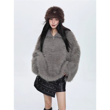 灰色高領半拉鏈水貂絨毛衣女秋冬季oversize加厚海馬毛針織衫上衣