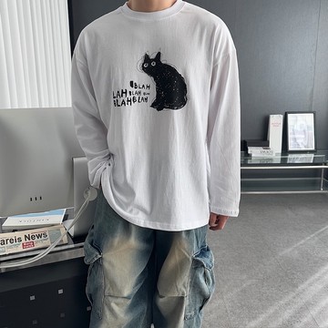 【AMERO】男裝 女裝 圓領長袖T恤 可愛黑貓塗鴉 情侶裝