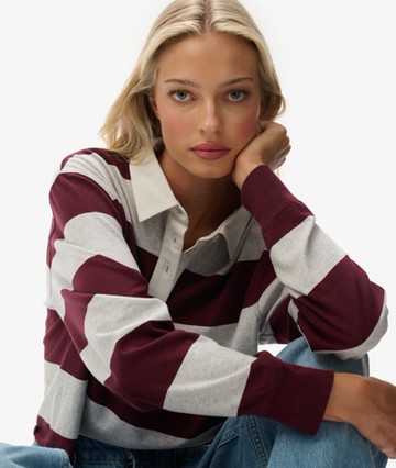 Superdry Women's Athletic Essentials Cropped Stripe Rugby Top Red Size: 8