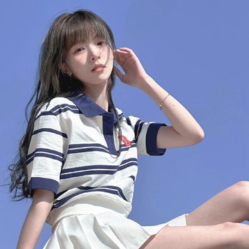 台灣出貨 韓系學院風短袖 POLO領上衣 條紋短袖 T恤女 顯瘦上衣女 減齡上衣女 休閒短袖 短袖女 短款短袖