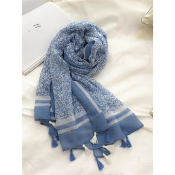 新款韓式文藝絲巾輕薄披肩紗巾海邊棉麻手感碎花藍色圍巾女春秋夏