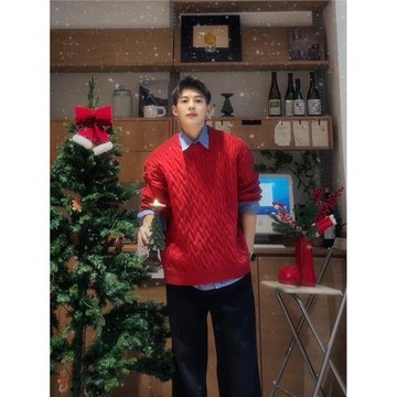 安可拉紅色加絨毛衣男秋冬圣誕氛圍感穿搭麻花針織衫寬松圓領外套