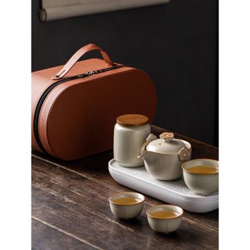 米黃汝窯高級旅行茶具套裝便攜式收納包手抓壺小套裝一壺三杯高端