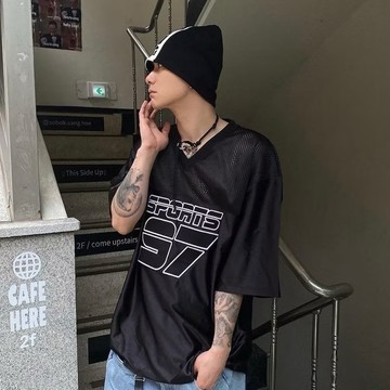 【PAGANS STORE】韓國 美式 SPORT 97 網眼 球衣 特殊面料 拼接 撞色 英文 短袖 短Tee