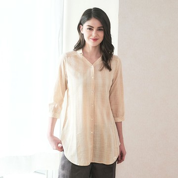 有機棉條紋七分袖長版襯衫(2色)