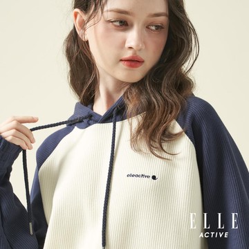 ELLE ACTIVE-連帽燈芯絨拉克蘭長袖上衣-深藍