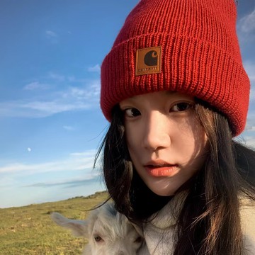 卡哈特Carhartt紅色皮標針織帽子女秋冬百搭保暖護耳情侶毛線帽男女 保暖帽 包頭帽 針織帽 紅色帽子寬鬆針織帽