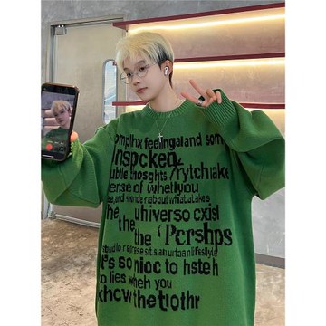 字母提花毛衣男秋冬季日系復古vintage寬松青少年保暖外穿針織衫