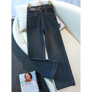 復古闊腿牛仔褲女春秋2025年新款秋冬高腰顯瘦水泥灰窄版直筒褲子