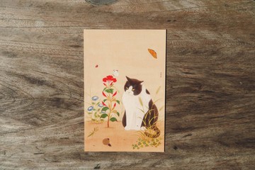 韓國藝術家貓咪明信片　黑白貓系列  蝴蝶花園與貓咪