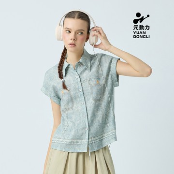 元動力 涼爽仿牛仔棉麻連肩袖襯衫(灰；S-L)