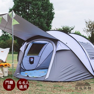 【好玩旅物】門廳升級款5-6人露營野餐銀膠防曬秒開帳篷 (附防水地墊及收納袋)