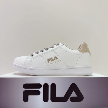 FILA 女生  白色 奶茶色 皮革 LOGO鞋帶 舒適 網球鞋 運動 休閒鞋 小白鞋 5-C923Z-177