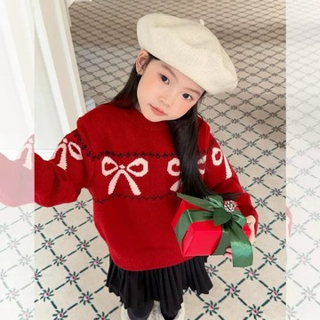 【四口甜】台灣現貨秋冬新款90-130女童聖誕新年節慶蝴蝶結提花針織衫