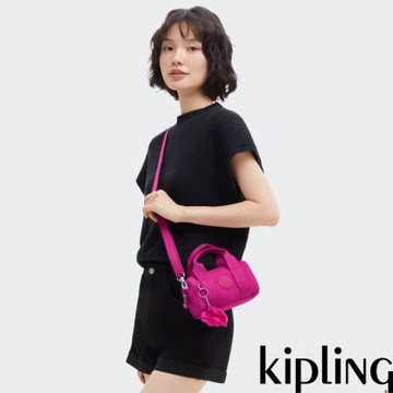 Kipling 亮粉色輕巧圓筒手提肩背兩用包-BINA MINI
