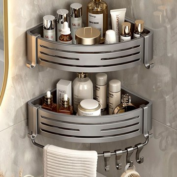 韻潔雅 槍灰色浴室置物架 廁所衛生間太空鋁免打孔無痕免釘壁掛置物架衛浴收納轉角三角架雙層三層置物架收納架 廚房置物架 浴