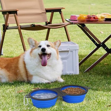 連體狗碗新款一體折疊寵物雙碗戶外專用狗食具露營折疊雙碗跨境
