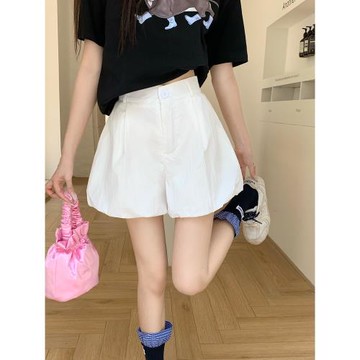 PPHOME甜美白色花苞短褲女夏季設計感高腰a字蓬蓬休閑褲顯瘦褲子