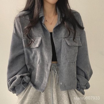 大碼女裝💖韓國chic秋季法式複古百搭單排扣翻領短款燈芯絨襯衫長袖外套女潮 R2YR