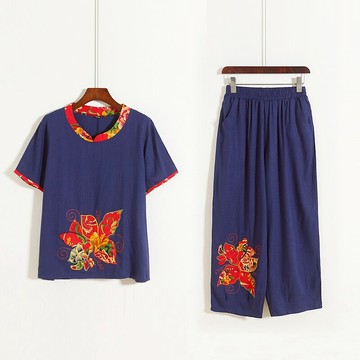 棉麻拼色貼布刺繡T恤衫+松緊腰九分直筒褲夏季新款女兩套裝 P/9-3