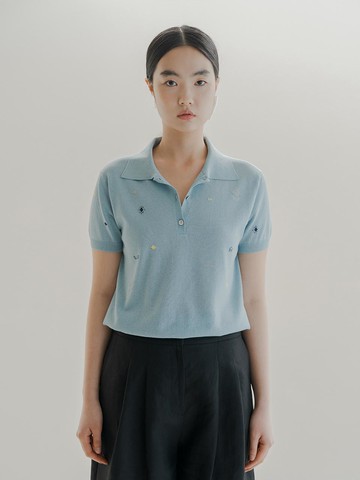 Patterned Collar Knit Top - Light Blue