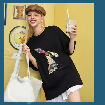免運 100%纯棉白色兔子短袖T恤女夏季小众设计感短袖ins潮女上衣