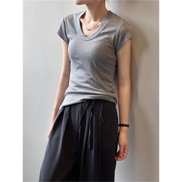 大U領純色T恤女修身性感顯瘦短袖彈力體恤衫百搭上衣2025夏季新款