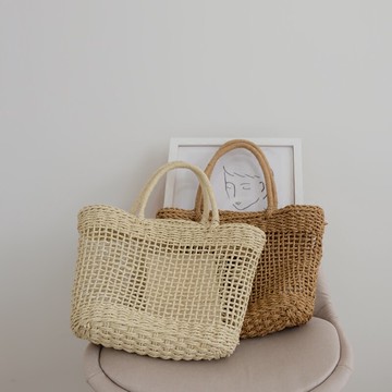 手提包簡約純色鏤空網編織包韓國ins海灘度假沙灘草編包漁網草包1入