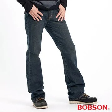 【BOBSON】男款鬼爪立體褶痕小喇叭褲(藍1653-52)